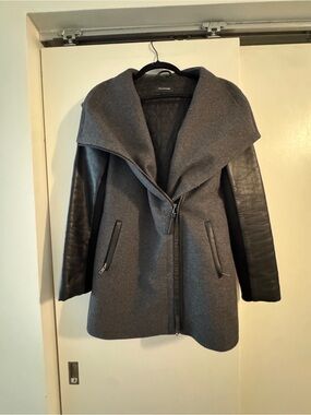 Mackage Gray Wool Trench Coat with Black Leather Sleeves